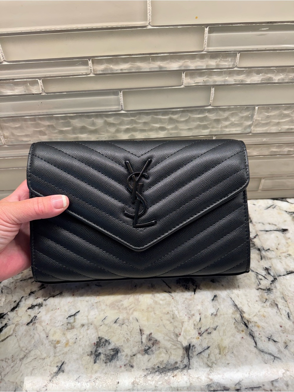 Saint Laurent Black Quilted Chevron Leather Envelope Clutch - Picture 2 of 6
